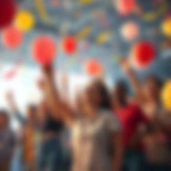 A group of diverse people celebrating with balloons and confetti, showing excitement for events in 2026.