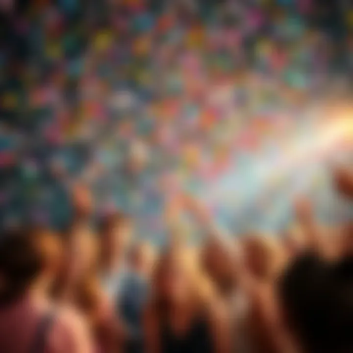 A lively celebration scene with colorful confetti falling, people smiling and enjoying the moment.