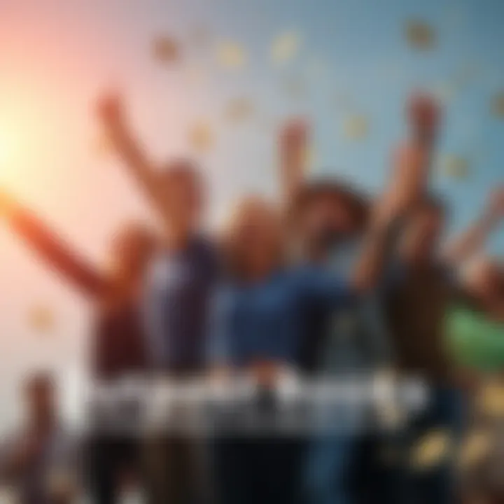 People celebrating financial success A diverse group of happy individuals celebrating their financial achievements together, symbolizing community and success in wealth building