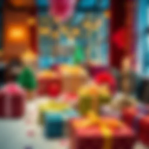 A table filled with colorful wrapped gifts during a Requiem celebration