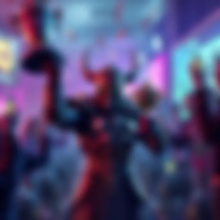 A Ramattra main holds a trophy while gamers cheer in the background, celebrating mythic rank achievements in a gaming environment.