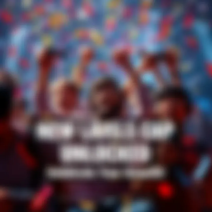 A group of diverse gamers celebrating with confetti and game controllers, symbolizing achievement and progress in gaming.