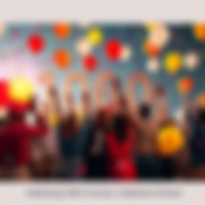 A group of diverse people celebrating with balloons and confetti, symbolizing achievements and milestones.