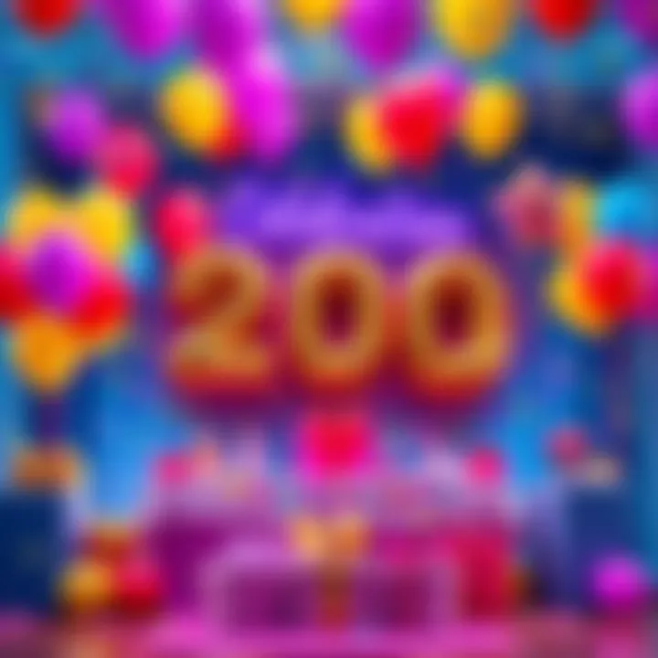 A festive scene with colorful balloons and confetti celebrating the achievement of 200 lootboxes, with a table displaying some lootboxes and party decorations in the background.