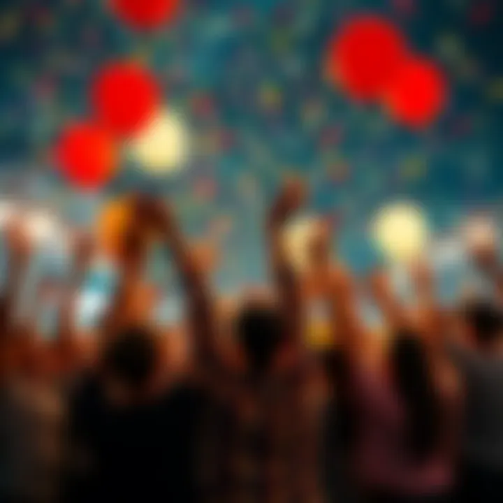 Celebration of 400-Day Streak A group of people celebrating together with balloons and confetti, symbolizing the achievement of a 400-day streak in a community activity.