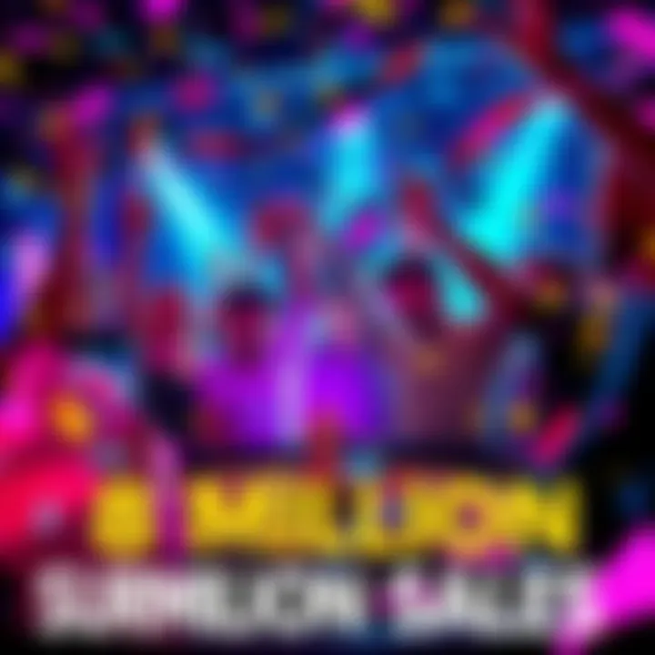 A vibrant graphic showing gamers celebrating the 8 million sales of Buckshot Roulette with confetti and gaming elements in the background.