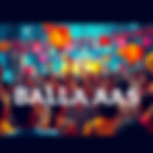 A lively gathering of people celebrating Ballaaaas, with colorful decorations and joyful expressions