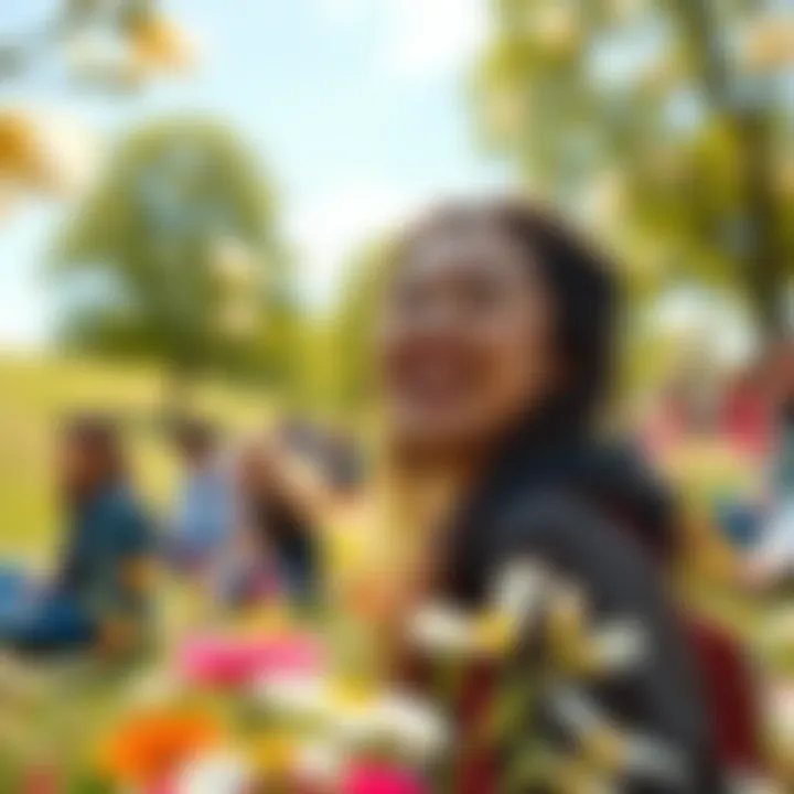 A person smiling while enjoying a sunny day in a park, surrounded by flowers and friends, showcasing happiness in small moments.