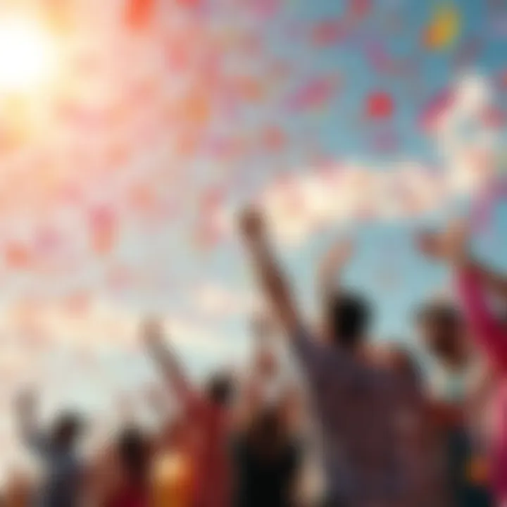 Triumphant Celebration of Achievement A vibrant depiction of a diverse group of people celebrating under a sky full of colorful confetti, symbolizing a significant milestone reached after overcoming challenges.