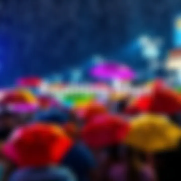 A joyful crowd holding colorful umbrellas while dancing in the rain, embodying the spirit of 'Raining Men'