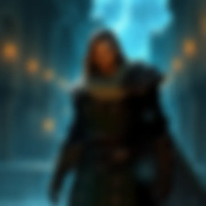 A character resembling Celebrimbor stands in a dark, mysterious setting, looking frustrated, with an ethereal glow around him, the backdrop featuring ancient elven architecture.