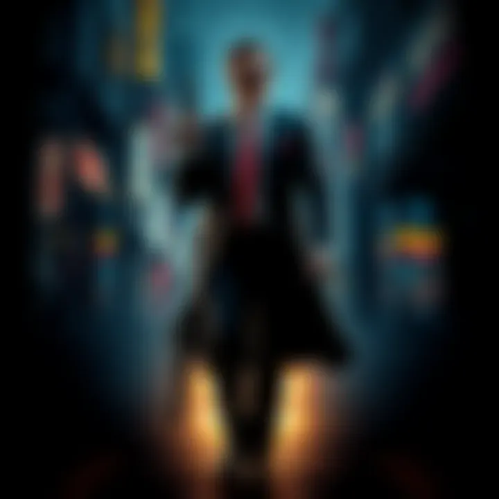 A digital art piece depicting a fictional hitman character inspired by various celebrities, wearing a stylish suit and holding a weapon, standing in a dark urban setting