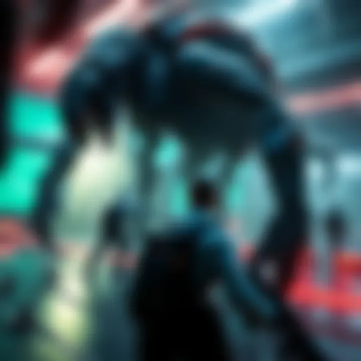 CELL operatives in a futuristic environment capturing Alpha Ceph, a giant alien creature, showcasing the tension between them.