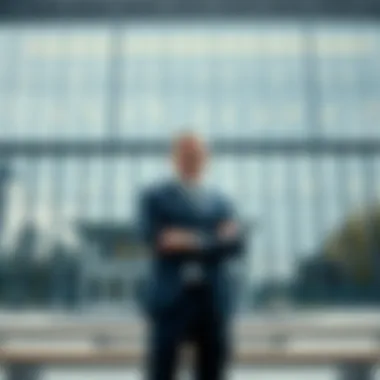 A CEO standing confidently in front of a modern office building, symbolizing a decisive management change after dismissing the HR team.
