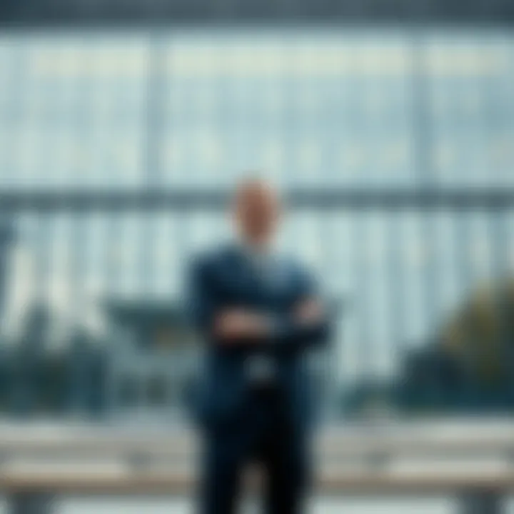 A CEO standing confidently in front of a modern office building, symbolizing a decisive management change after dismissing the HR team.
