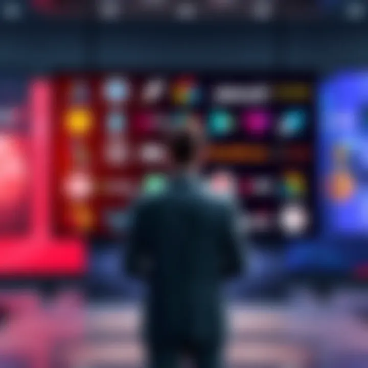A person in a suit stands in front of a large screen displaying various company logos, considering business strategies.