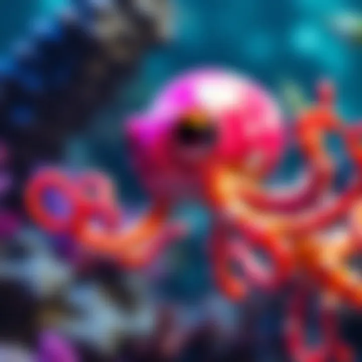 A colorful cephalopod character swimming in an underwater scene, showcasing vibrant colors and playful design suited for video games.