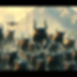 A herd of panicking Ceratonoth causing large monsters to stumble and fall