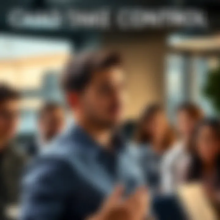 Chad confidently presenting his bold ideas to a group of engaged people, sparking lively discussions.