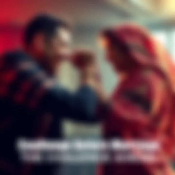 A humorous showdown between a man and a woman, who is likely the prospective bride's mother, in a lighthearted wrestling match, symbolizing the challenge of gaining her approval before marriage.