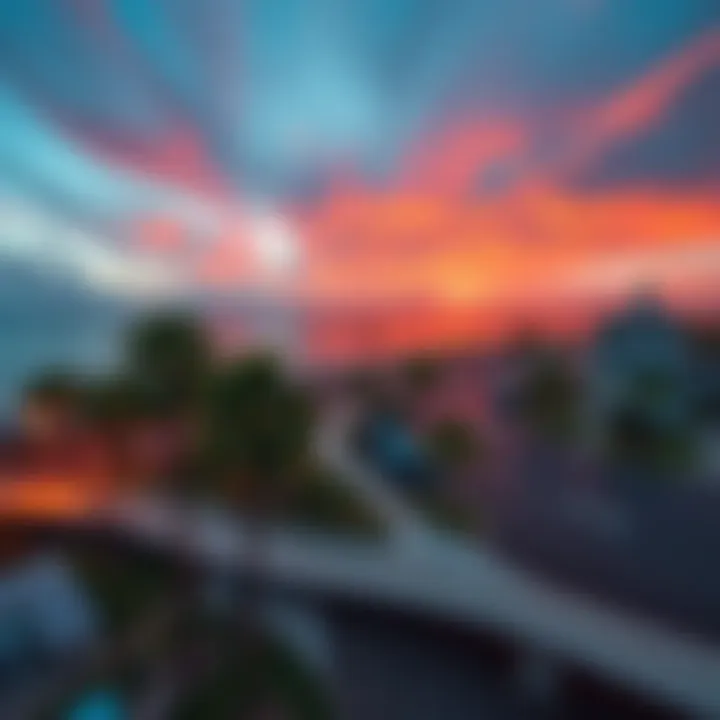 A view of Florida's coast with palm trees and signs of economic and environmental struggles.