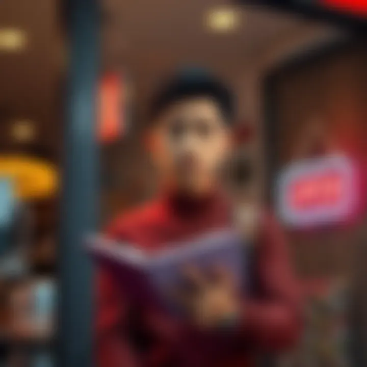 Challenges of Starting a Shop A person looking worried while standing outside a shop with a sign that reads 'Open'. They hold a notebook and pen, contemplating their business idea.