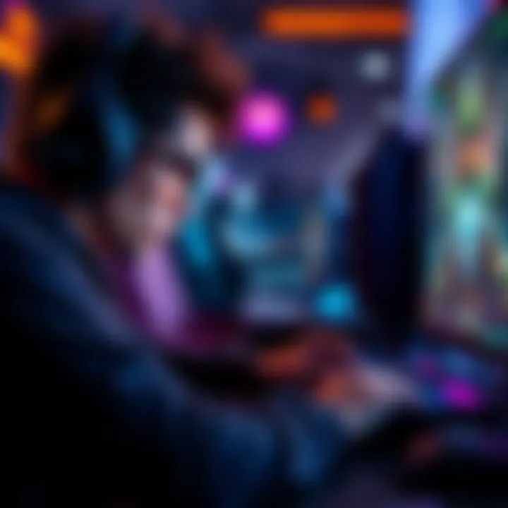 Challenging Free Games A gamer focused on a computer screen, engaged in playing a tough video game that requires skill and strategy, with intense graphics and action happening in the game.