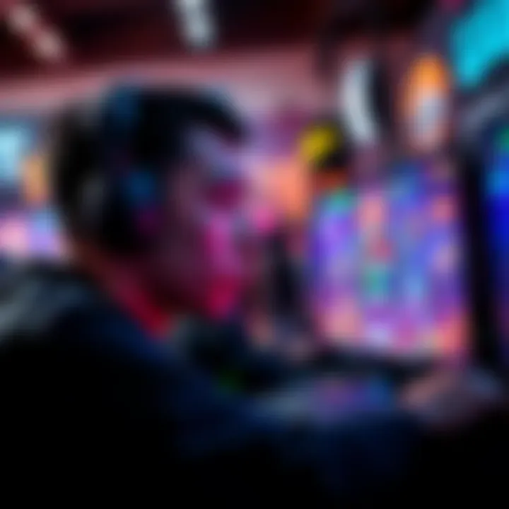 Challenging Game Scene A player focused on a challenging video game, with intense concentration and colorful game graphics displayed on the screen.