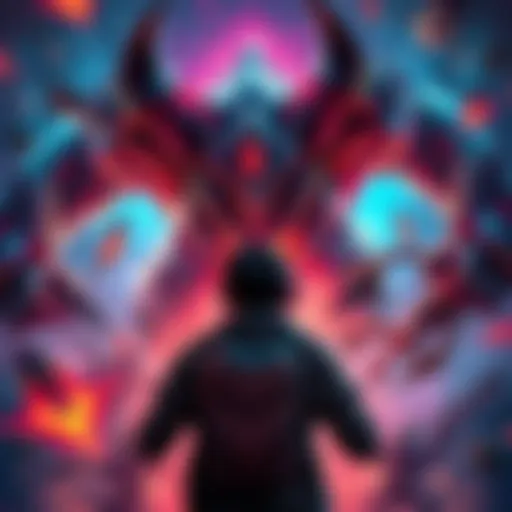 Challenging Gaming Scene A gamer facing a tough boss battle with intense gameplay elements, surrounded by vibrant graphics and action in a fantasy setting.