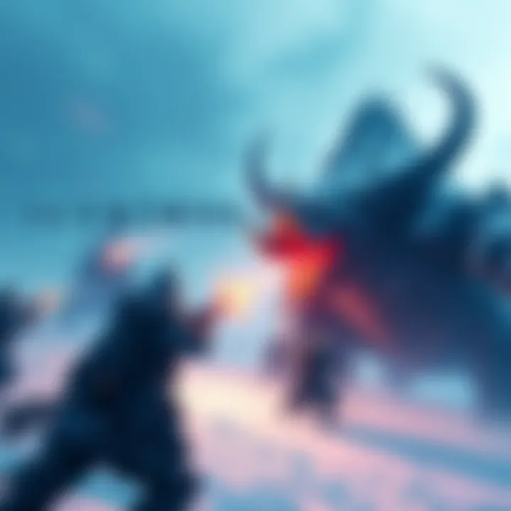 A player faces a tough boss in Iceborne, showcasing intense combat and teamwork in a snowy environment.