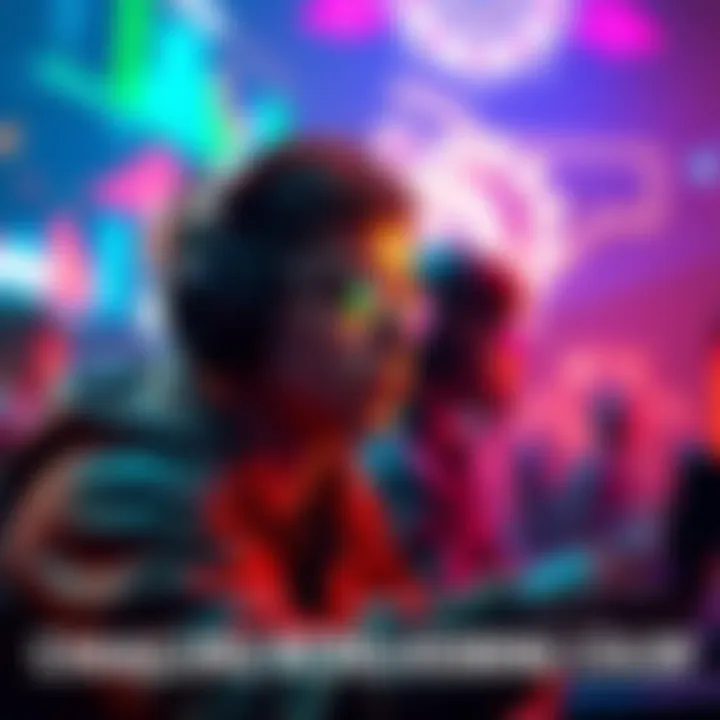 A gamer focused on achieving a difficult milestone in a video game, with colorful graphics surrounding them.