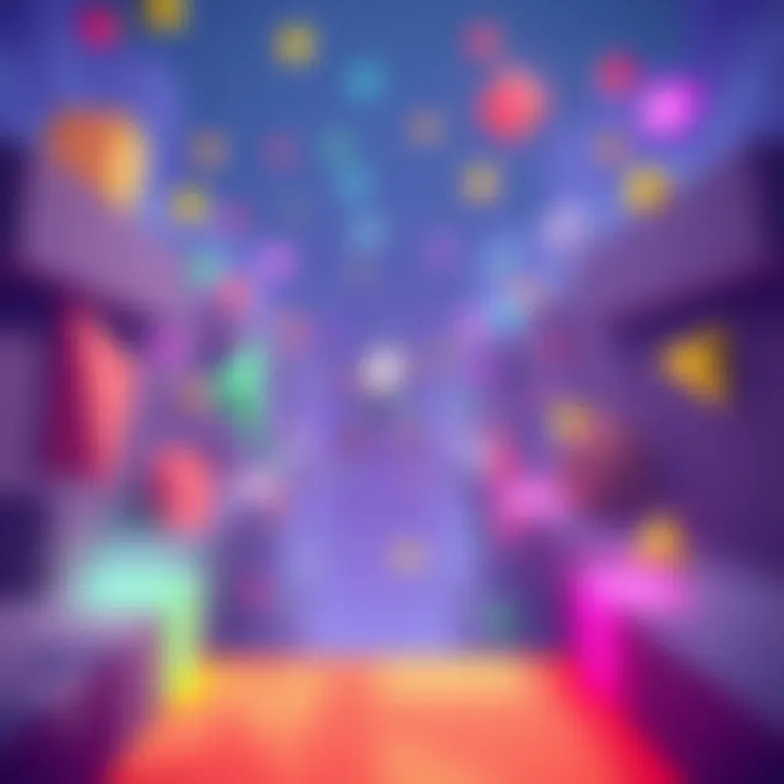 A character attempting a difficult jump in a Geometry game level, surrounded by colorful geometric shapes.