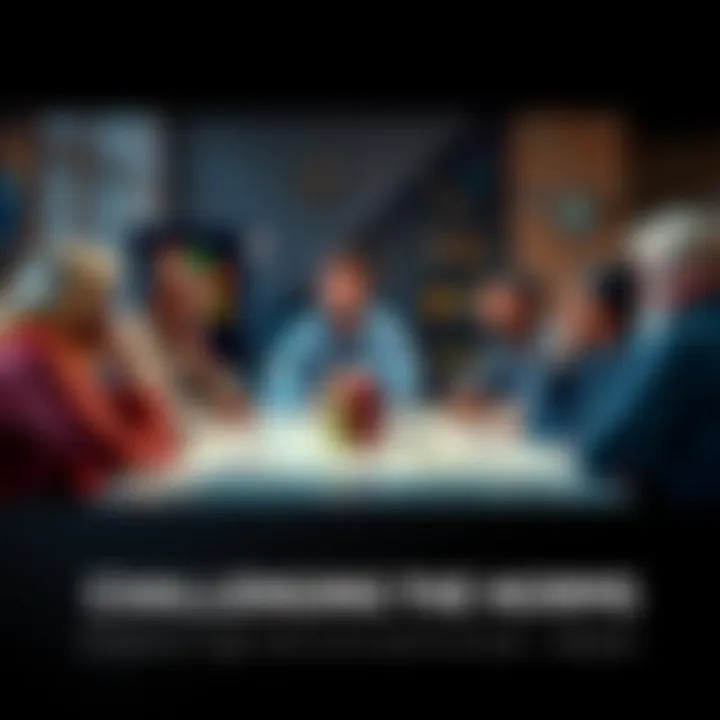 A group of diverse people sitting around a table discussing unconventional ideas with thoughtful expressions.