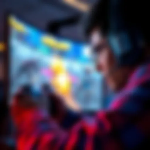 A gamer intensely focused on a screen, playing a fast-paced shooter game with vibrant graphics and action-filled scenes.