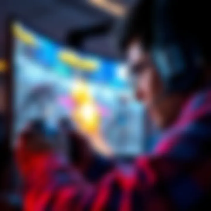 A gamer intensely focused on a screen, playing a fast-paced shooter game with vibrant graphics and action-filled scenes.