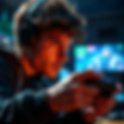A gamer focused on a difficult singleplayer game, with a controller in hand and an intense look of concentration on their face.