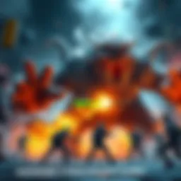 A fierce gaming boss with a large health bar in an action-packed fight, surrounded by chaotic effects and player characters trying to defeat it.