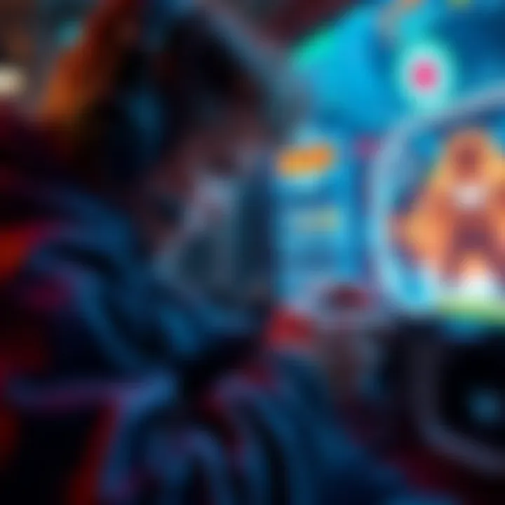 Challenging video game scene A player navigating a difficult level in a video game, focused and determined, with intense graphics on the screen.