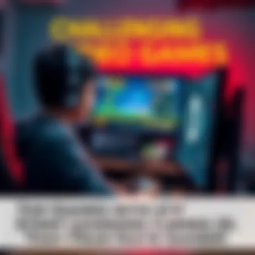 Challenging Video Games A gamer sat at a computer, visibly frustrated, staring at the screen displaying a difficult game level, with controllers and snacks scattered around.