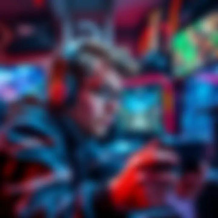 Challenging Video Games A gamer focused on playing challenging video games with intense concentration, surrounded by various game controllers and screens showing gameplay.