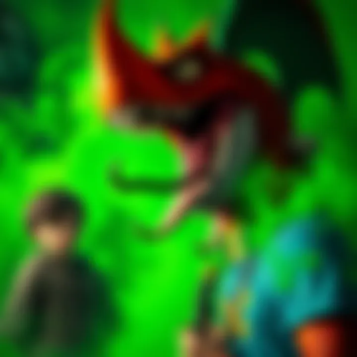 Chameleos Monster Chameleos, a colorful monster with a long tongue, surrounded by a toxic green mist while preparing to spit poison. A gamer looks on with a distressed expression.