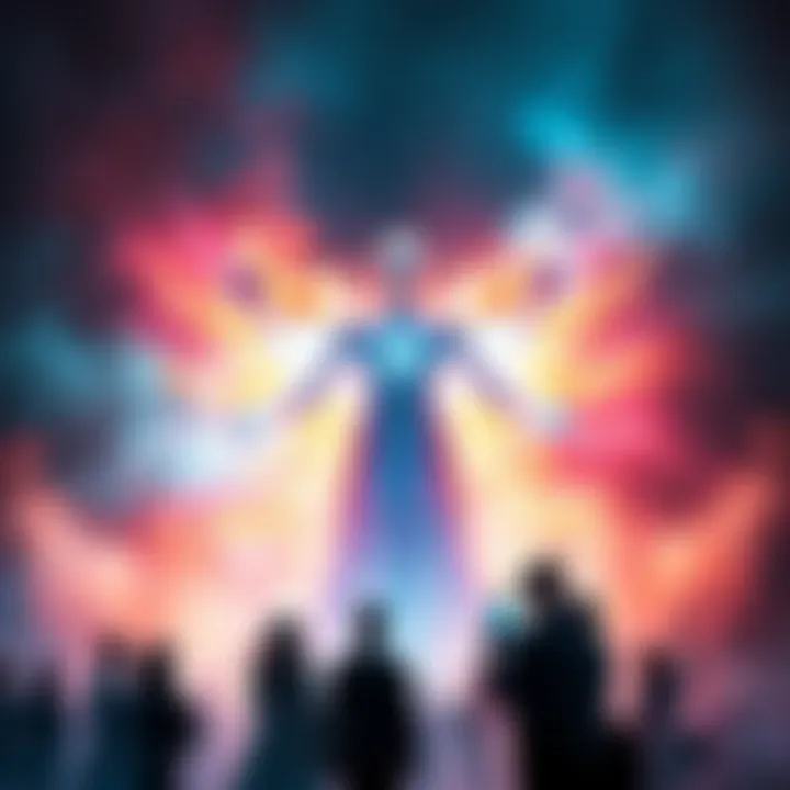 A glowing figure representing the Champion of Light surrounded by vibrant light and colors, with people discussing around.