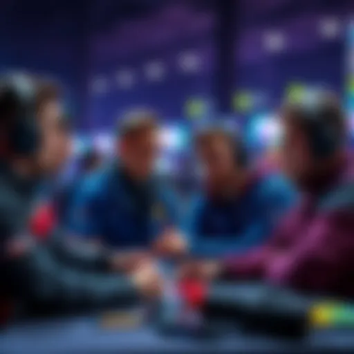 A group of champs players sharing their thoughts on upcoming game rankings, looking focused and engaged during a strategy session