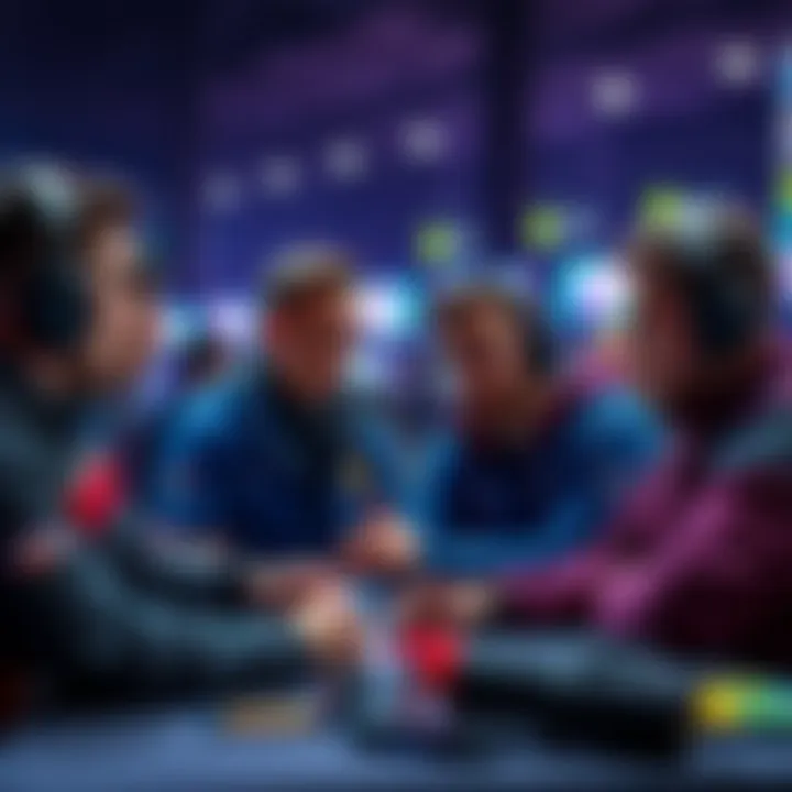 A group of champs players sharing their thoughts on upcoming game rankings, looking focused and engaged during a strategy session