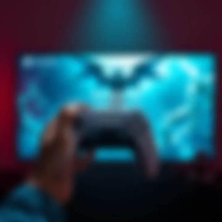 A person excitedly holding a PlayStation 5 controller with the Shadow of the Erdtree game displayed on a screen behind them.