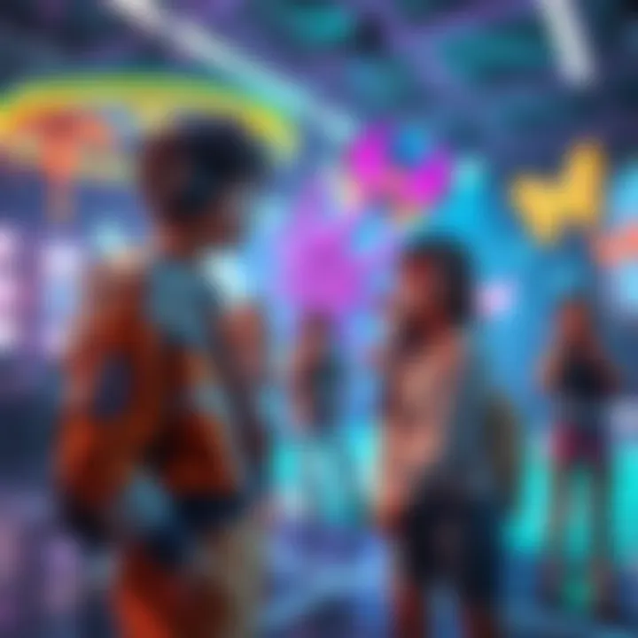 A gamer changes their Descendant's outfit in a colorful virtual space while being observed by friends.