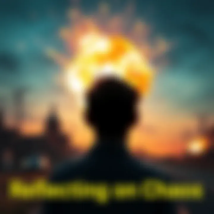 A person looking away from a bright explosion in the distance, showing a mix of fear and curiosity.