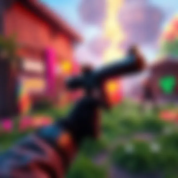 A player holding the Chaos Reloader Shotgun in Fortnite, aiming at an opponent in a colorful game environment.