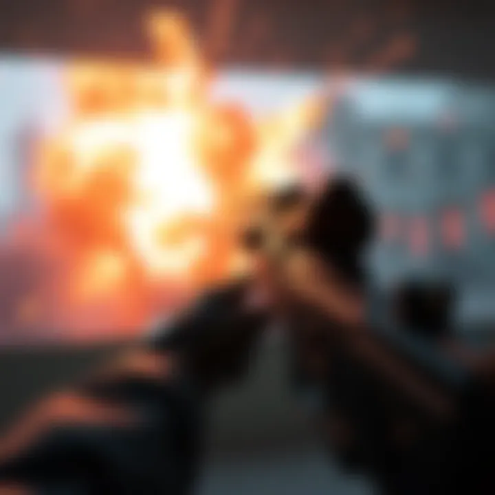 A gaming screen shows a player using the Chaos Exploder Rifle, with explosions in the background, illustrating frustration among players.