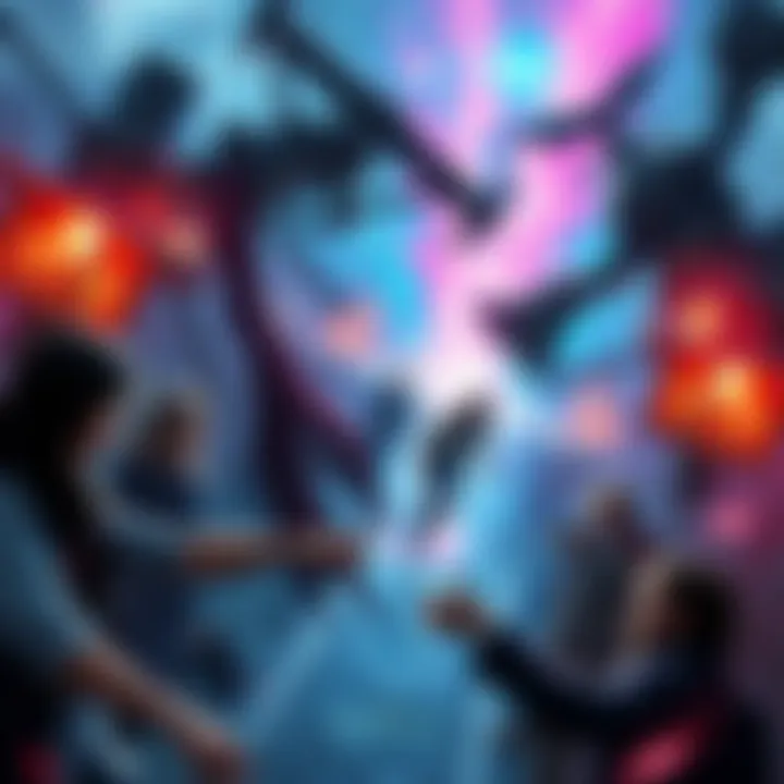 Chaos in Requiem A scene depicting chaos in Requiem with characters reacting to an unexpected event, colors swirling to represent turmoil and tension.